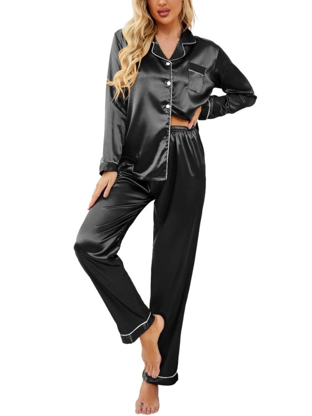 Women's Classic Button Down Long Satin Silk Pajama Set